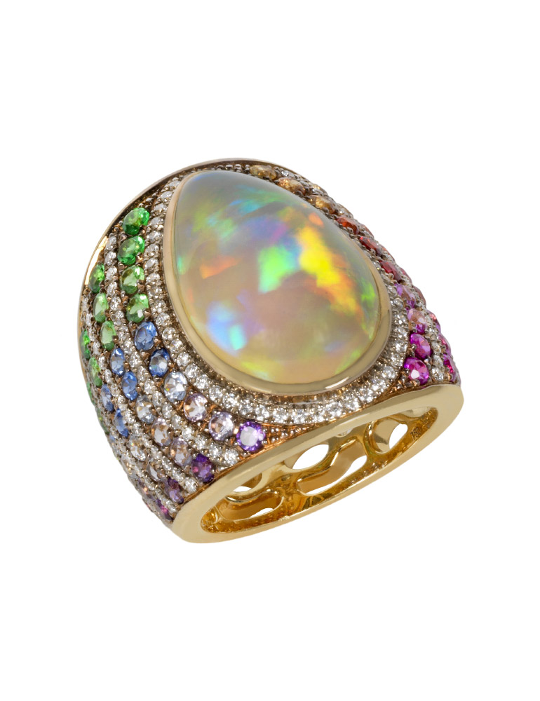 Rainbow Ring in Yellow Gold, White Opal, Multicolored Sapphires, Tsavorites, Amethysts and Diamonds by Alexandra Abramczyk