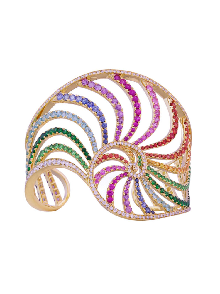 Nautilus Bracelet by Alexandra Abramczyk: Yellow gold, Tsavorite, Apatite, fancy Sapphires and Diamond