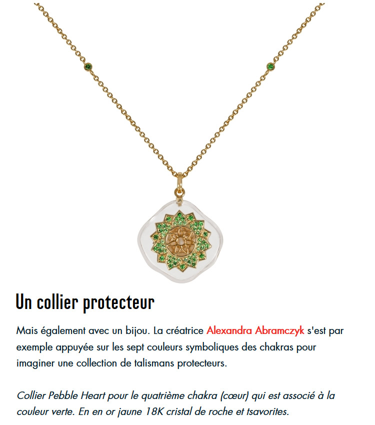 Vanity Fair - Shopping: Six ways to open your chakras in style - Paragraph on Alexandra Abramczyk and her protective necklace "Heart Pebble"