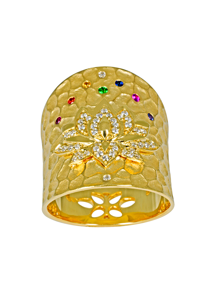 Tatoo Lotus Ring: Yellow gold, fancy Sapphires, Rubies, Tsavorites and Diamonds