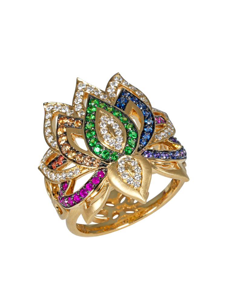 Lotus Ring: Yellow gold, fancy Sapphires, Tsavorites, Rubies and Diamonds
