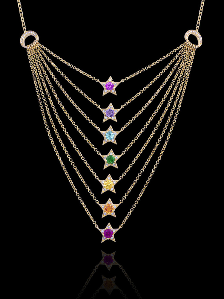 Chakras Necklace: Yellow gold, fancy Sapphires, Apatite, Tsavorite, Améthyst and Diamonds
