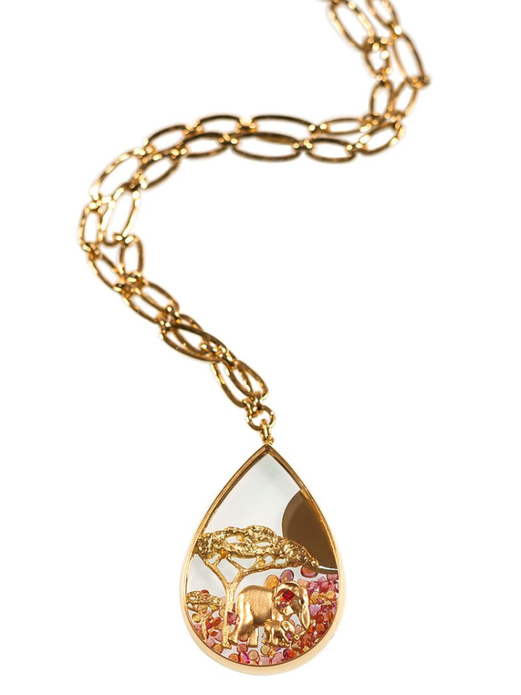 Alexandra Abramczyk’s Secret Glass collection pendant with orange and yellow sapphires in yellow gold