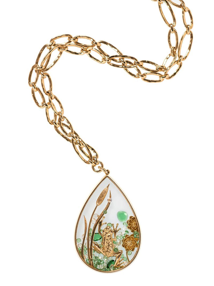 Alexandra Abramczyk’s Secret Glass collection pendant with tsavorites, moonstones and brown diamonds in yellow gold