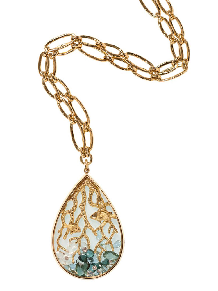 Alexandra Abramczyk’s Secret Glass collection pendant with peridot, aquamarines and moonstones in yellow gold