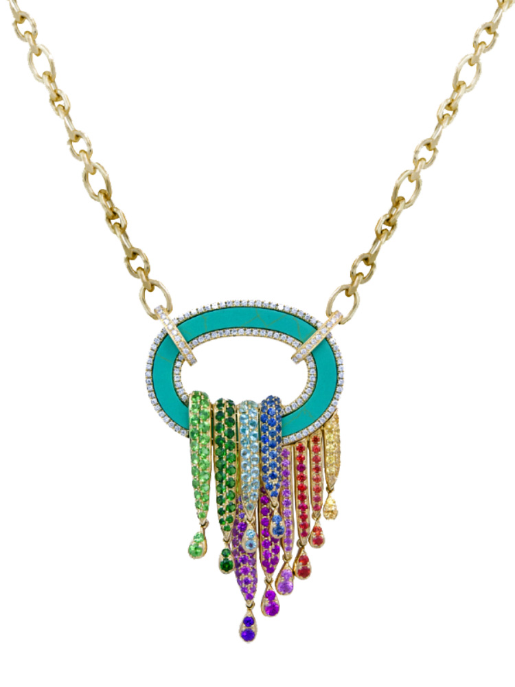 Energie necklace in yellow gold, multicolored sapphires, apatites, turquoise, tsavorites and diamonds by Alexandra Abramczyk