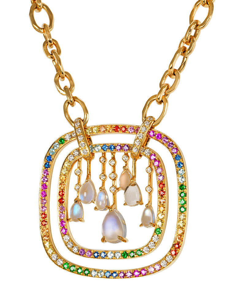 Dream necklace in yellow gold, moonstones, multicolored sapphires, tsavorites, apatites and Diamonds by Alexandra Abramczyk
