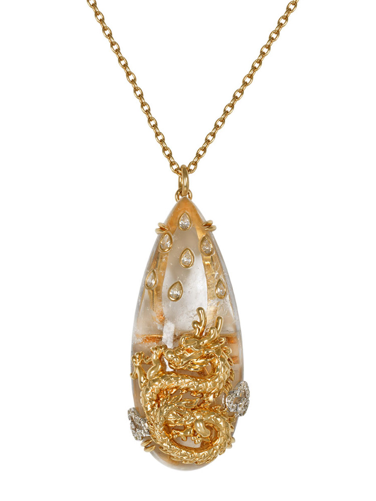 Serenity necklace in yellow gold, Crystal and Diamonds by Alexandra Abramczyk