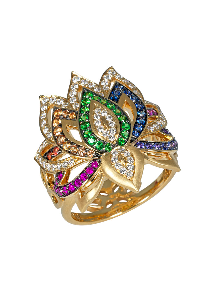 Yellow gold lotus ring with multicolored sapphires, tsavorites, rubies and diamonds