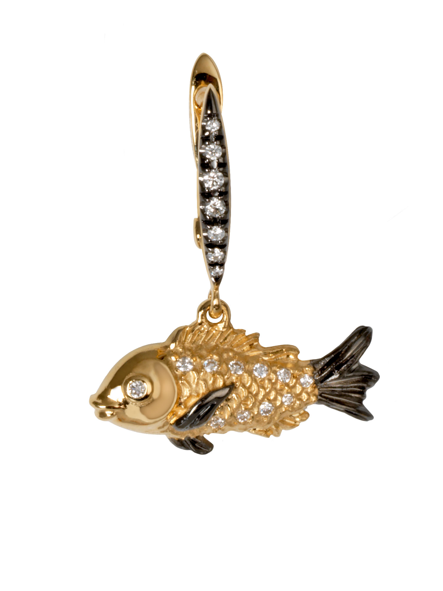 Black Fish earring in gold, black rhodium and diamonds