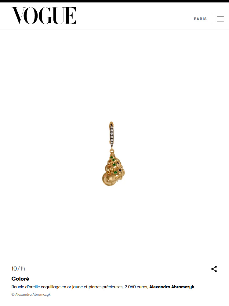 Yellow gold and precious stones shell earring by Alexandra Abramczyk on Vogue.fr