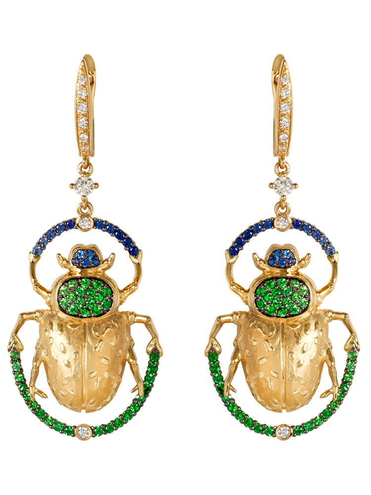 Scarab earrings in diamonds, tsavorites and blue sapphires by Alexandra Abramczyk