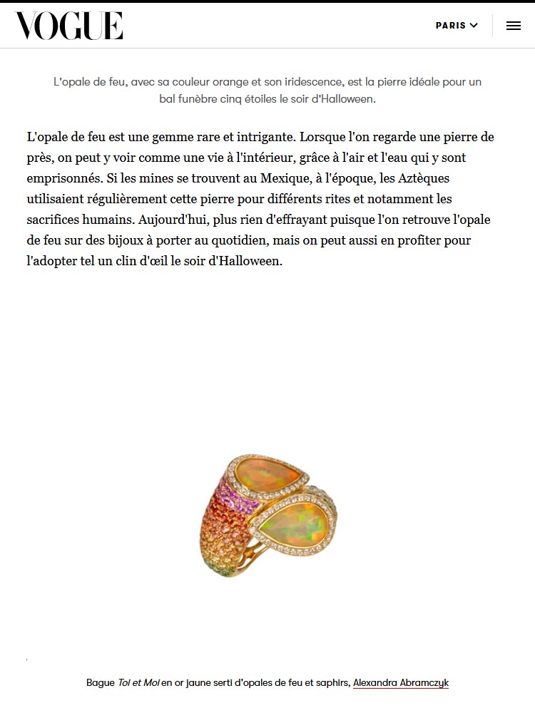 Pourquoi l'opale de feu est la pierre parfaite à porter à Halloween sur Vogue.fr : Bague Arc-en-ciel Toi et Moi d'Alexandra Abramczyk