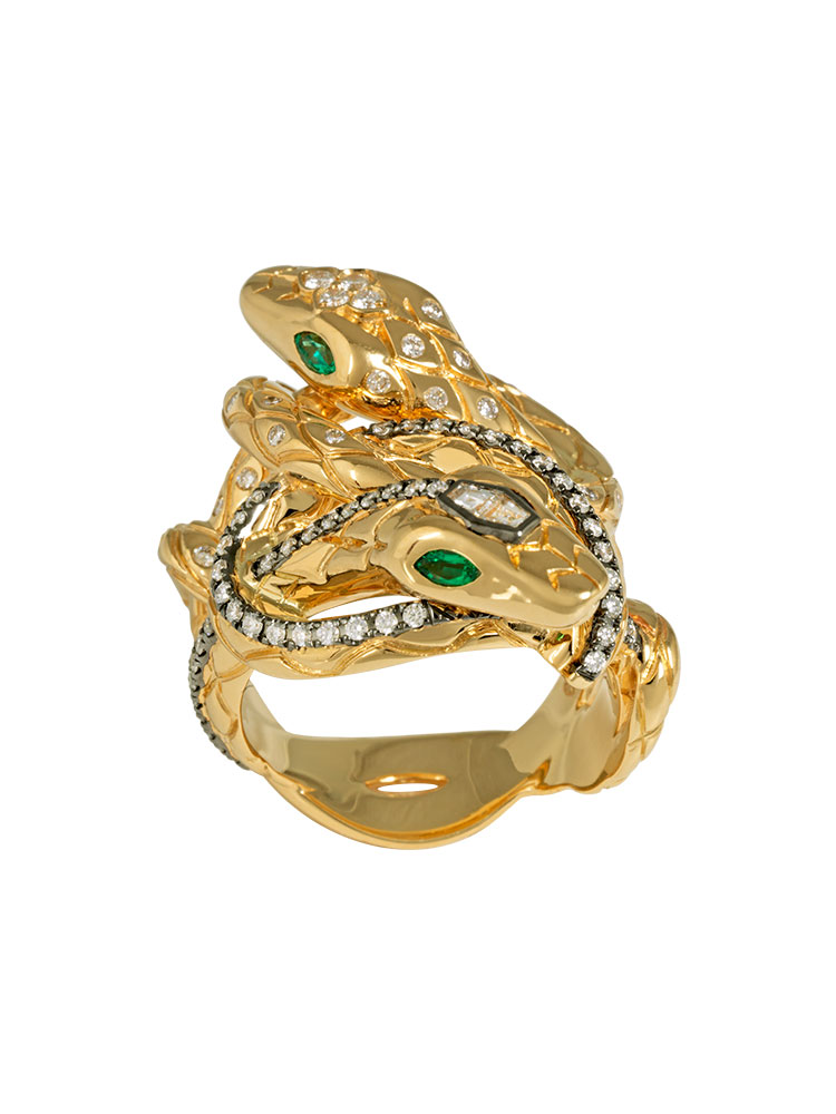 Couple snakes ring in Yellow gold, Emeralds and Diamonds by Alexandra Abramczyk