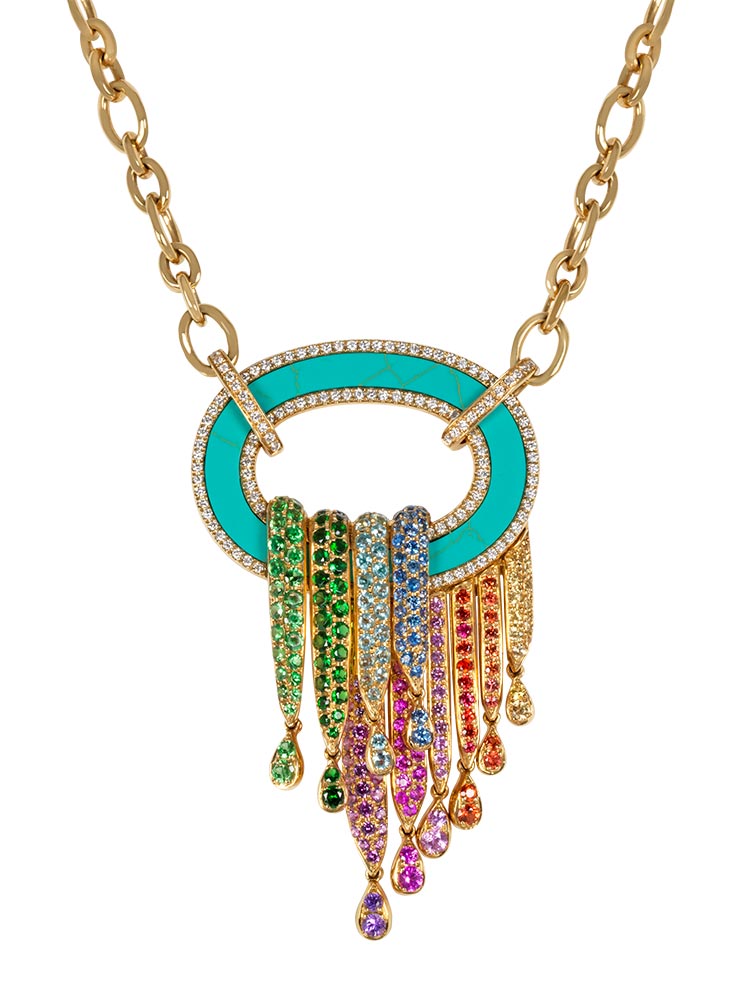 Necklace "Energy" in gold, sapphires, apatites, turquoise, tsavorites and diamonds, unique piece. Alexandra Abramczyk