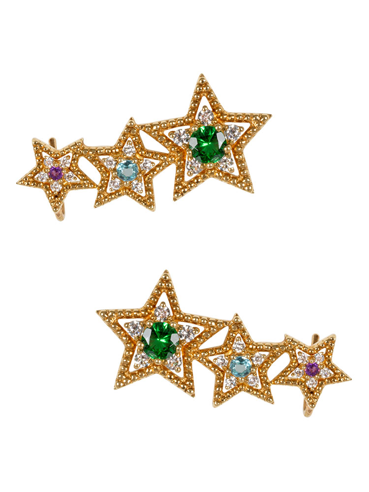 Star earrings in spicy yellow gold from tsavorites, apatite, amethyst and diamonds