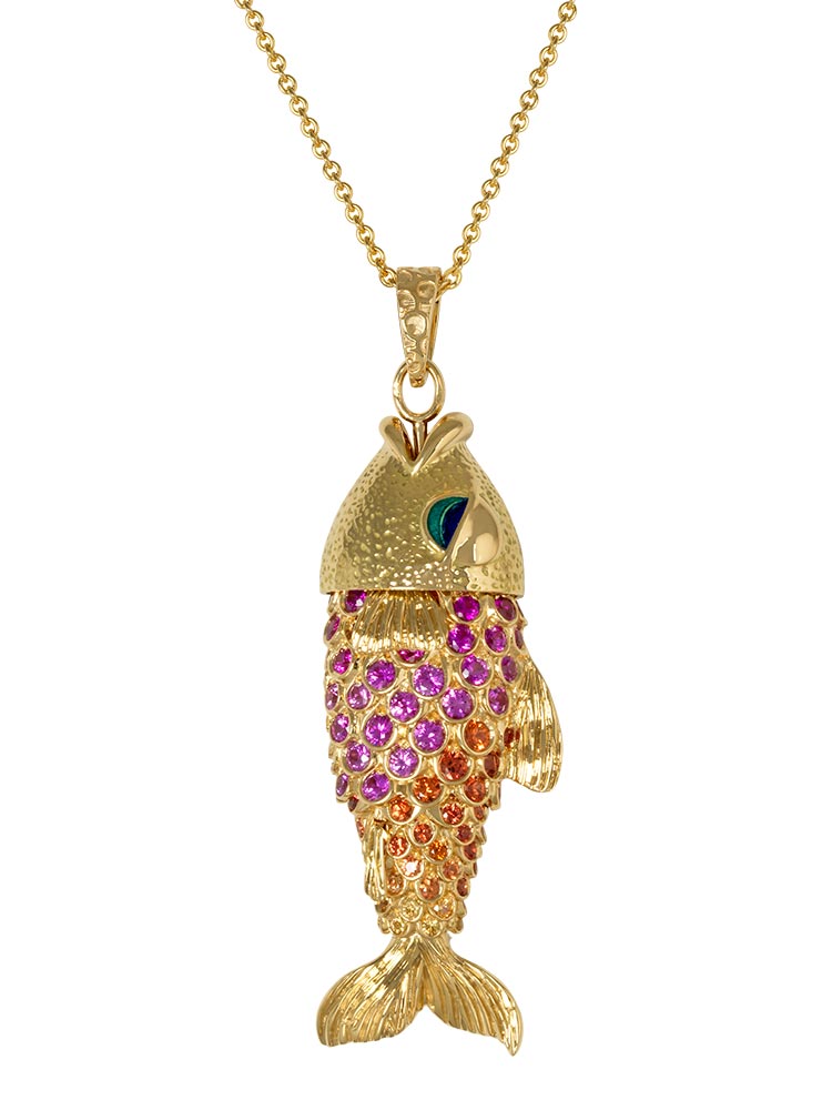 Fish necklace with enameled eyes, entirely articulated, set with Sapphires and Rubies and hand engraved. Fish 5,5cm long