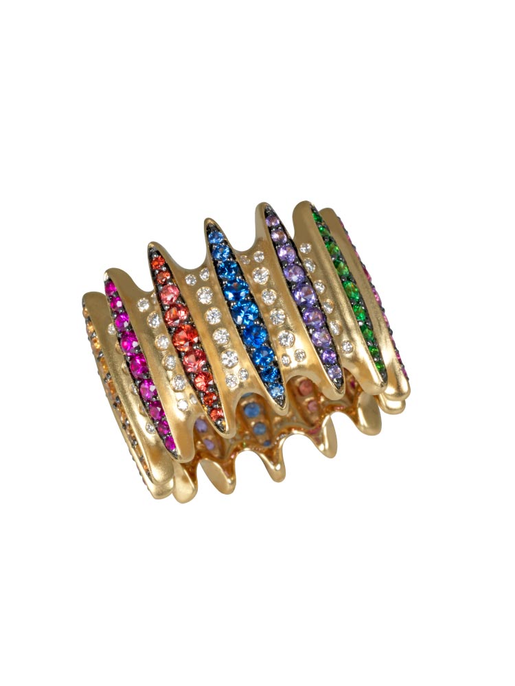 Peru Ring: Ring in yellow gold and rhodium black set with multicolored Sapphires, Tsavorites, Rubies and Diamonds it is inspired by the multicolored geometric fabrics of the Incas.