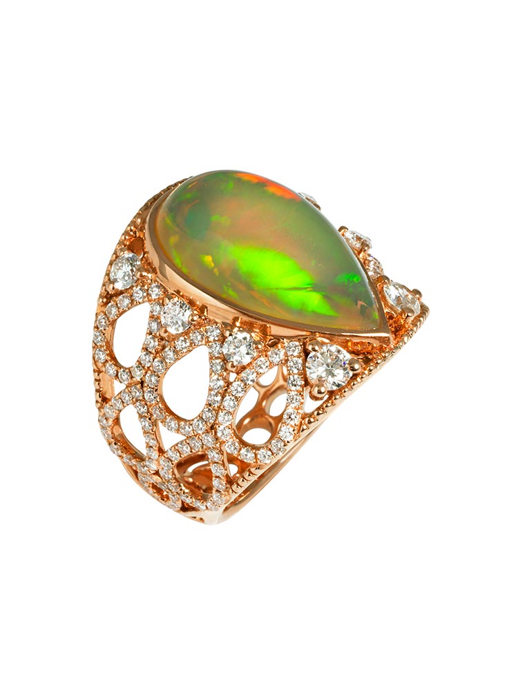 Hong Kong Opal Ring in Pink Gold with a White Opal and Diamonds