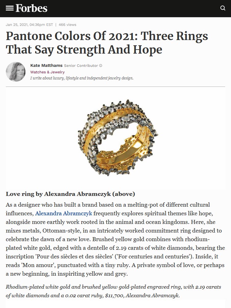Couverture de l'article "Couleurs Pantone de 2021 : trois anneaux qui disent force et espoir" par Kate Matthams sur le site Forbes.com
