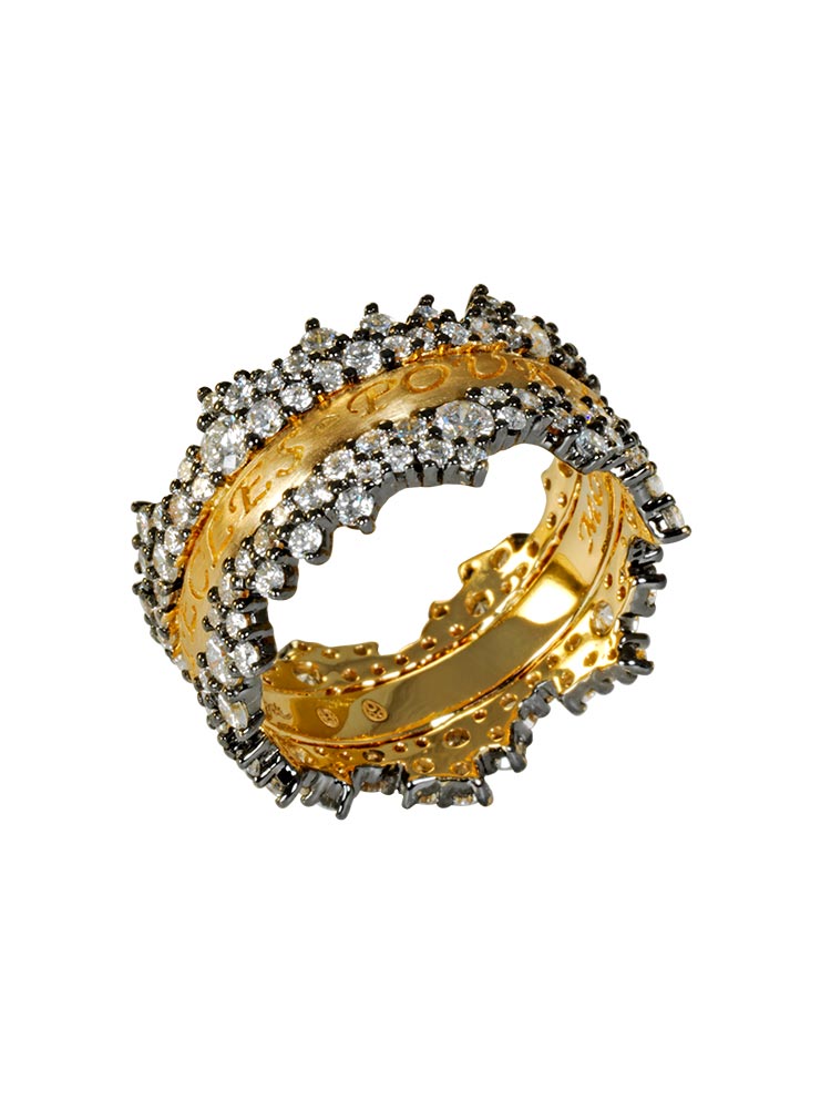 Love Ring by Alexandra Abramczyk: Rhodium-plated white gold and brushed yellow gold engraved ring, with white diamonds and a ruby