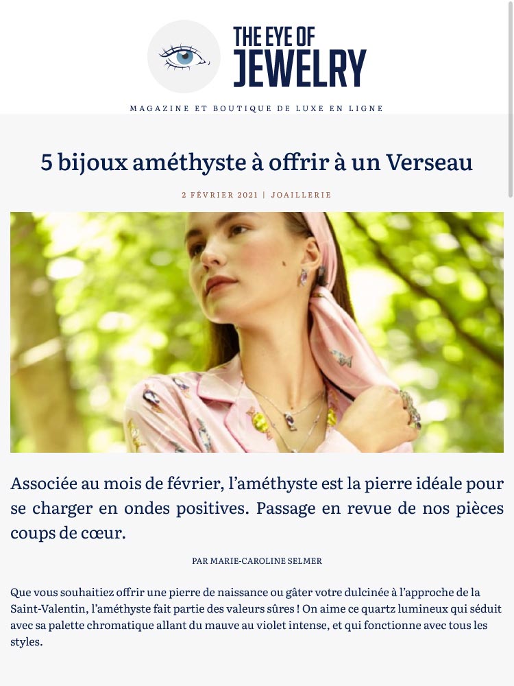 Couverture de l'article "5 bijoux améthyste à offrir à un Verseau" Par Marie-Caroline Selmer (The Eye of Jewelry)