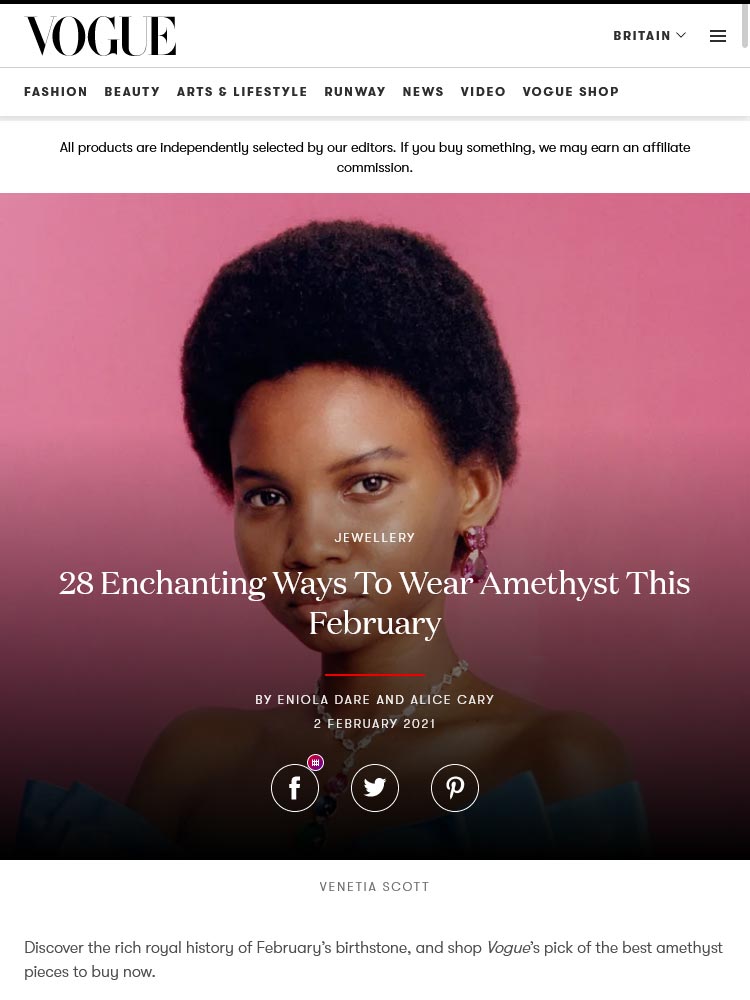 "28 façons enchanteresses de porter l'améthyste en février", parution de Eniola Dare et Alice Cary sur le site Vogue.co.uk