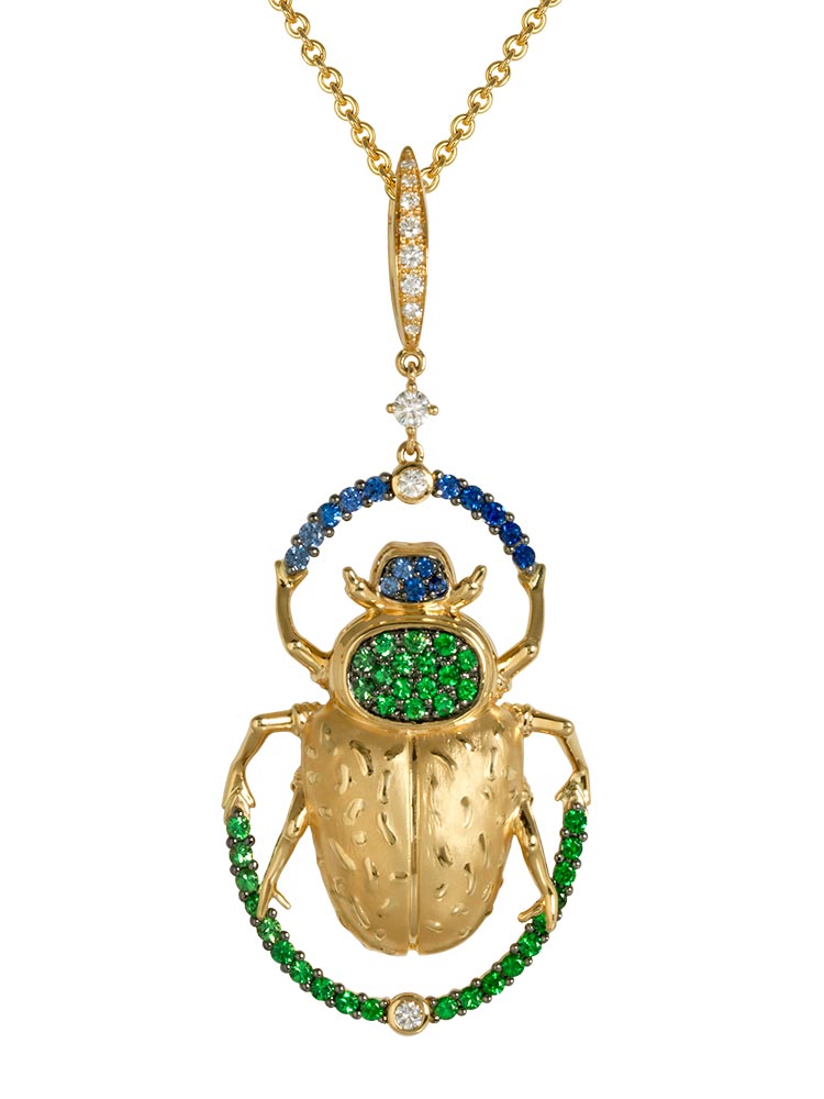 Pendant / Necklace Scarabée in yellow gold, Diamonds, Sapphires and Tsavorites