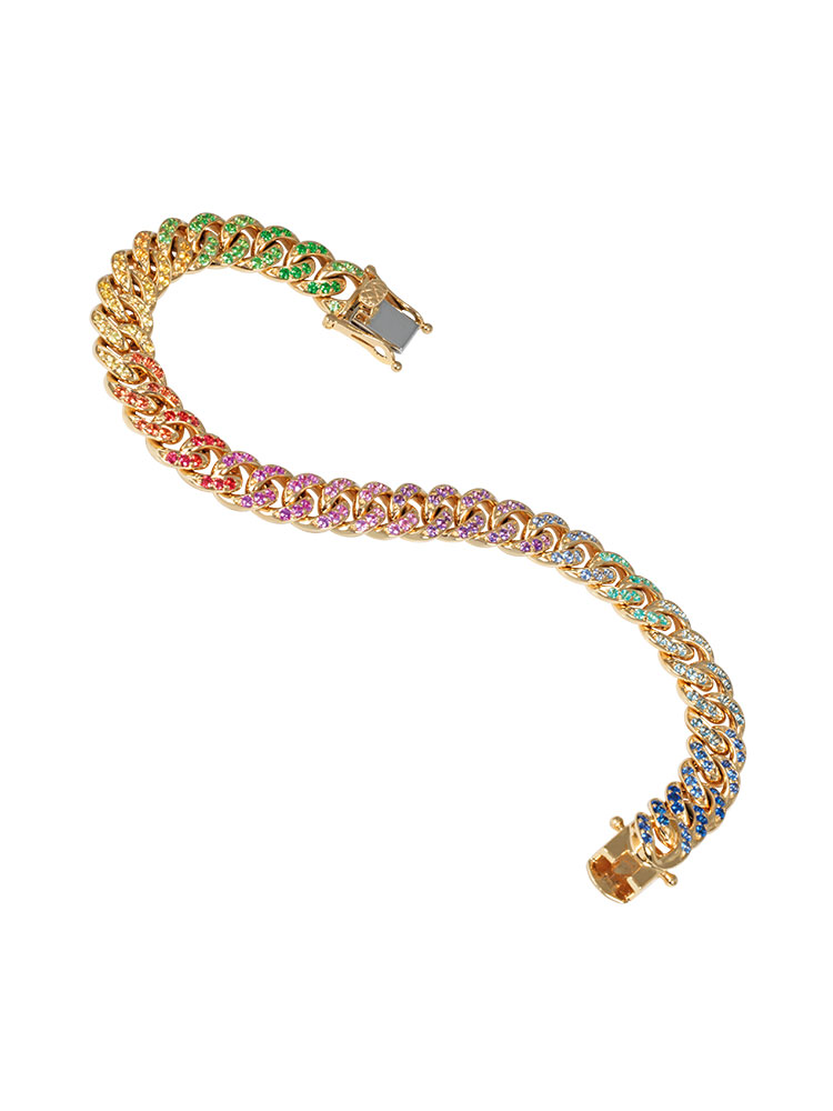 Soft chain bracelet in 18-karat yellow set with multicolor sapphires, tsavorites, blue topazes, amethysts, and paraiba tourmalines.