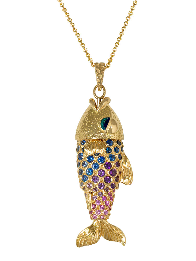 Fish articulated necklace in 18-karat yellow gold with enameled eyes, set with amethysts and sapphires