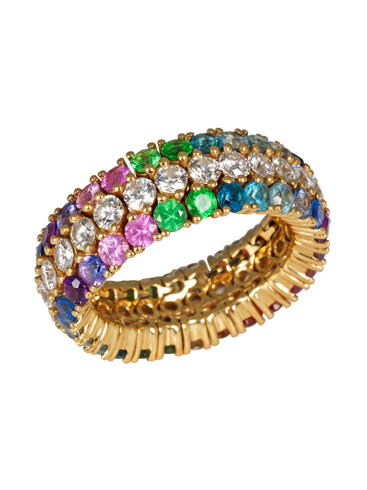 Soft Yellow Gold Ring: Flexible alliance, set with a line of Diamonds in the center and multicolored Sapphires, Tsavorites, Amethysts and Blue Topazes on both sides.