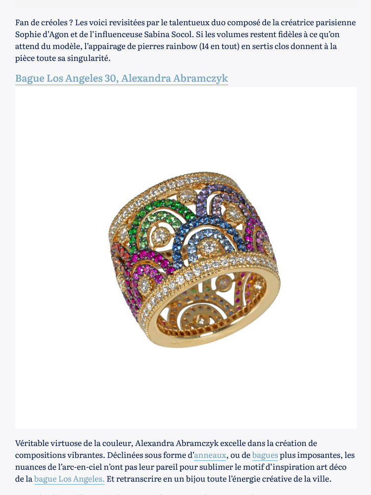 Los Angeles 30 ring by Alexandra Abramczyk featured in Marie-Caroline Selmer's publication "6 rainbow jewelry pieces to spice up the fall wardrobe".