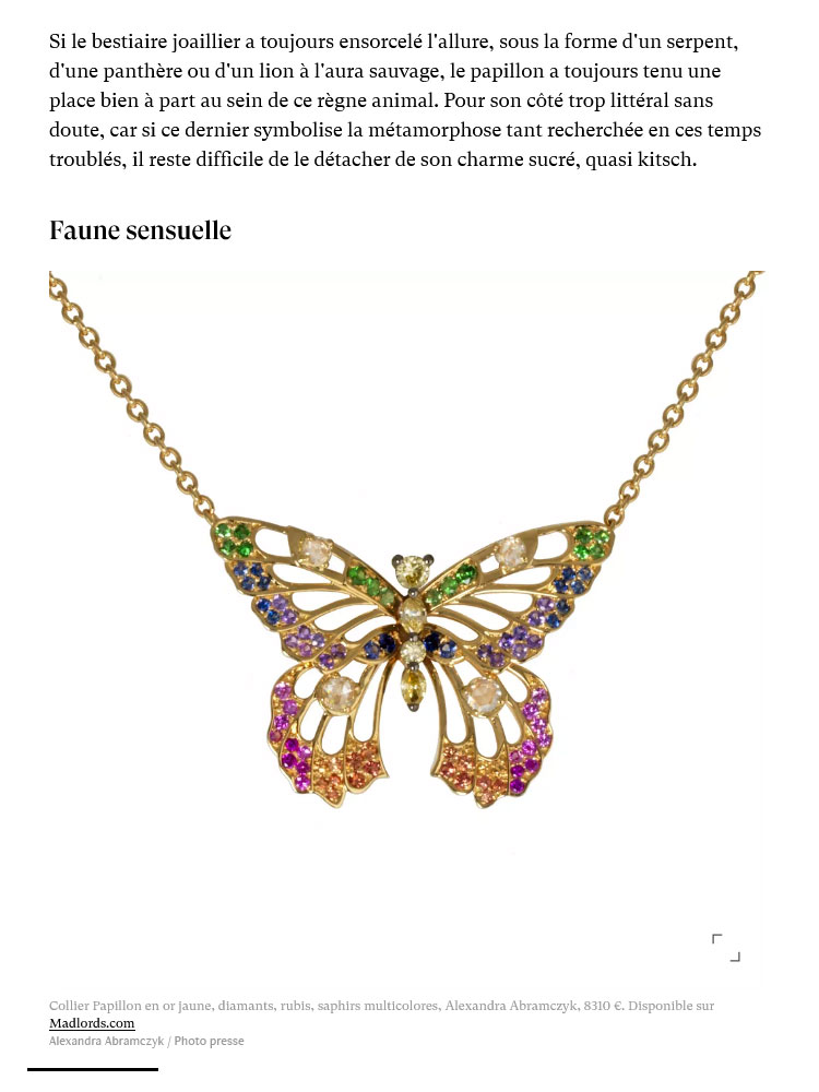 Collier Papillon d'Alexandra Abramczyk dans l'article "Le papillon fétiche de Mariah Carey va-t-il faire son come-back en bijou ?" d'Anne-Sophie Mallard