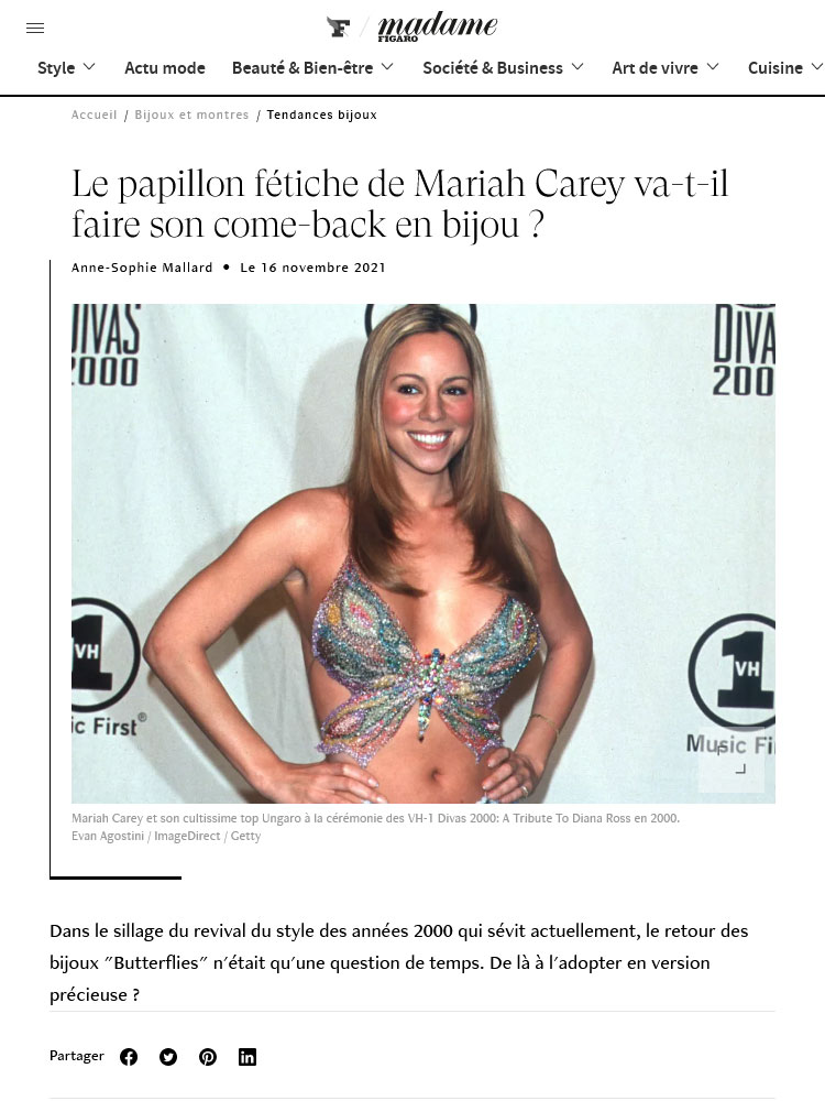Une de l'article "Le papillon fétiche de Mariah Carey va-t-il faire son come-back en bijou ?" d'Anne-Sophie Mallard sur Madame.LeFigaro.fr
