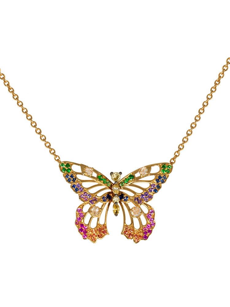 Collier Papillon en or jaune, diamants, rubis, saphirs multicolores, Alexandra Abramczyk.