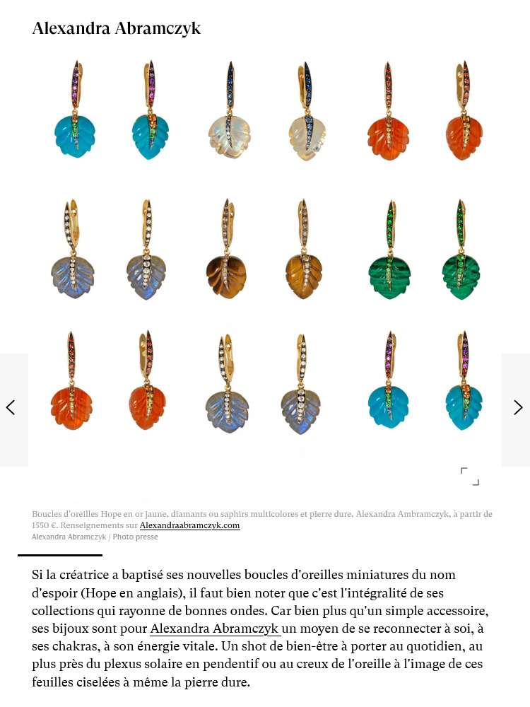 Hope earrings in yellow gold by Alexandra Abramczyk selected in the article "Quinze nouveautés bijoux à découvrir pour dénicher de bonnes idées cadeaux" on Madame.LeFigaro.fr