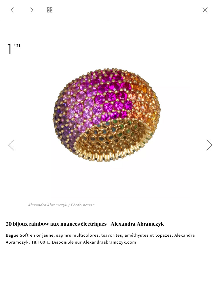 Soft ring in yellow gold, multicolored sapphires, tsavorites, amethysts and topaz, Alexandra Abramczyk.