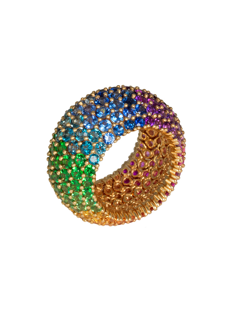 Big Soft ring : Flexible alliance, set with a line of diamonds in the center and fancy Sapphires, Tsavorites, Amethysts and blue Topazes on both sides