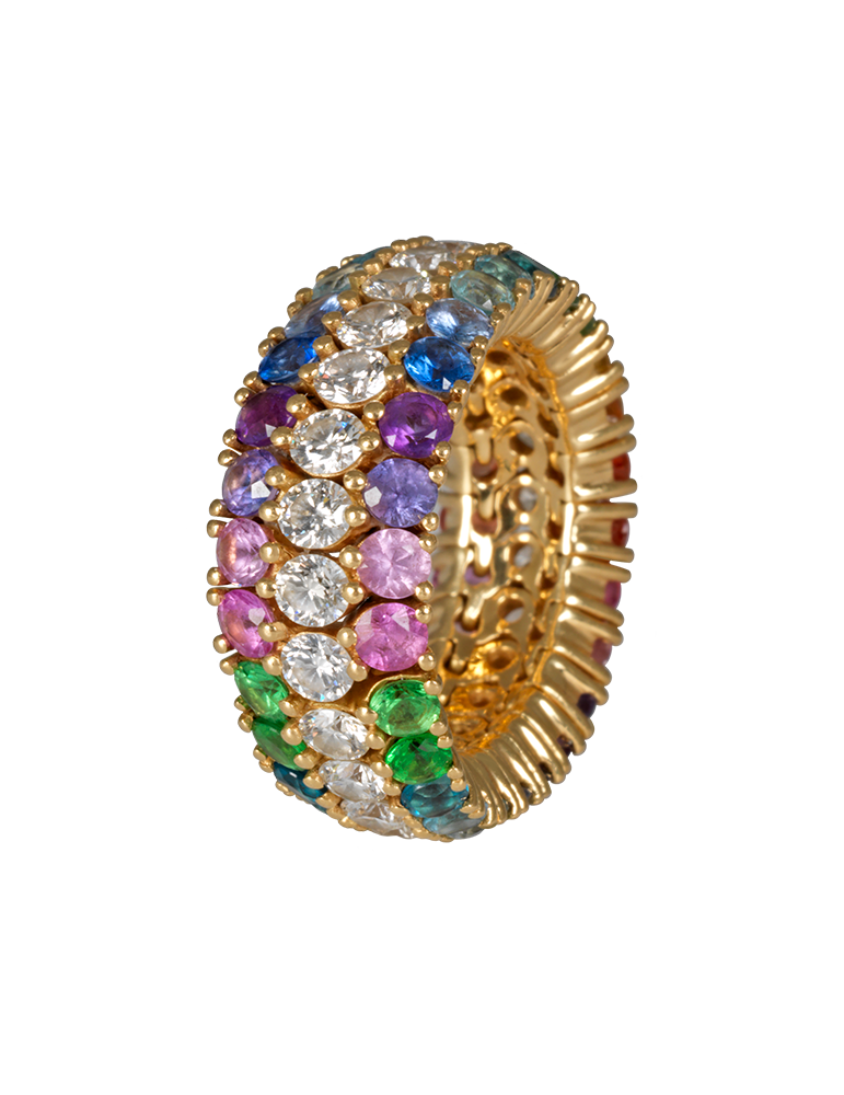 Soft ring in gold, sapphires, topaz and tsavorites, Alexandra Abramczyk