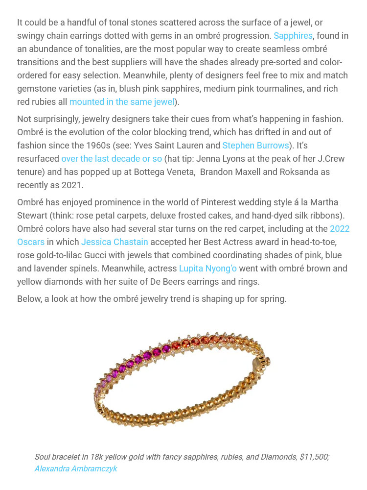 Soul bracelet by Alexandra Abramczyk in yellow gold highlighted in the post "Ombré Jewelry is Setting the Tone for Spring".
