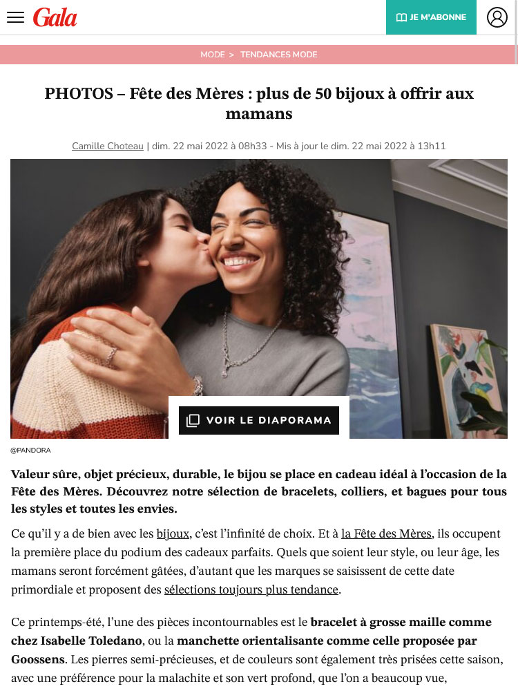 Une de l'article "Fête des Mères : plus de 50 bijoux à offrir aux mamans" sur Gala.fr