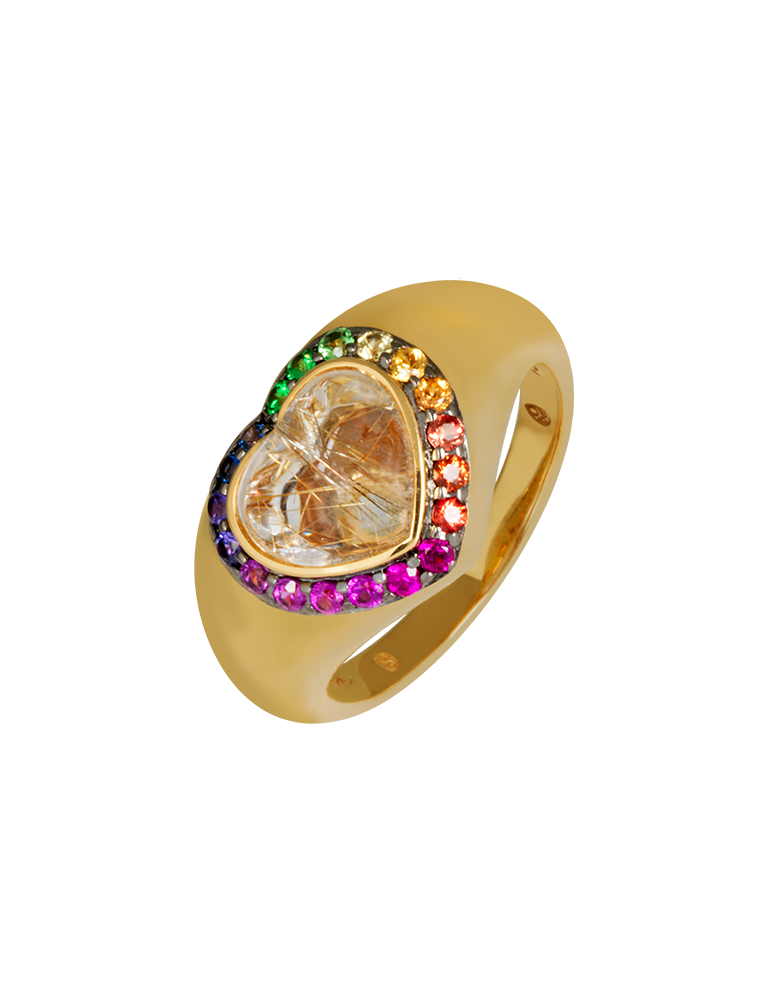 Love ring in yellow gold, multicolored sapphires and rutilated quartz, Alexandra Abramczyk