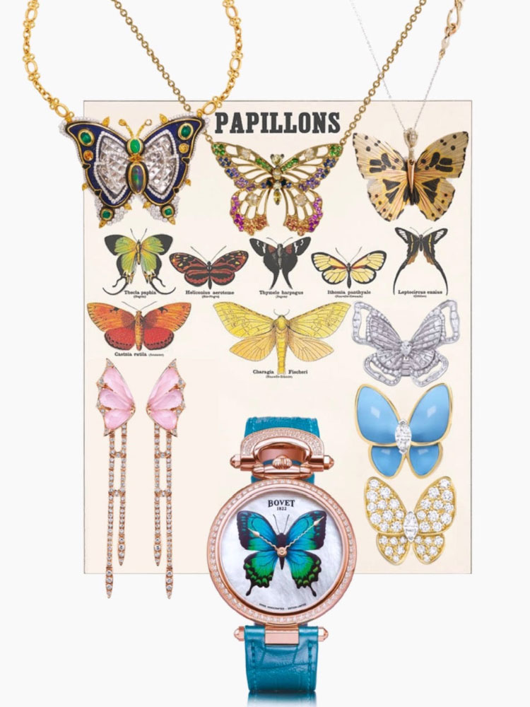 Cote Magazine, Juin 2022 : "L'effet papillon" : Collier papillon en or jaune, tsavorites, améthystes, saphirs multicolores et diamants, Alexandra Abramczyk