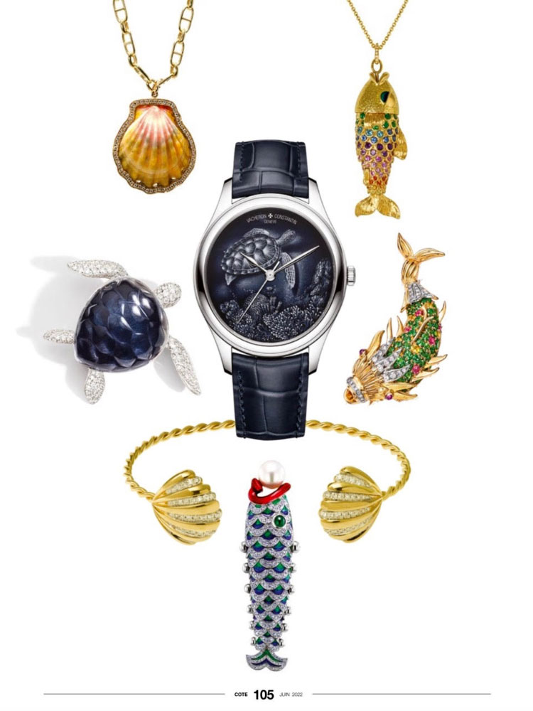 Cote Magazine, June 2022: "Underwater Kingdom": Fish set with a cameo of blue, pink and amethyst sapphires, fully articulated, hand-engraved gold and enamelled eyes, Alexandra Abramczyk
