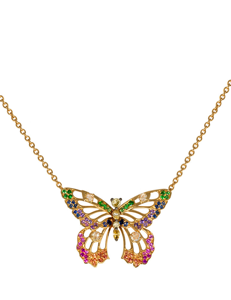 Collier papillon en or jaune, tsavorites, améthystes, saphirs multicolores et diamants, Alexandra Abramczyk
