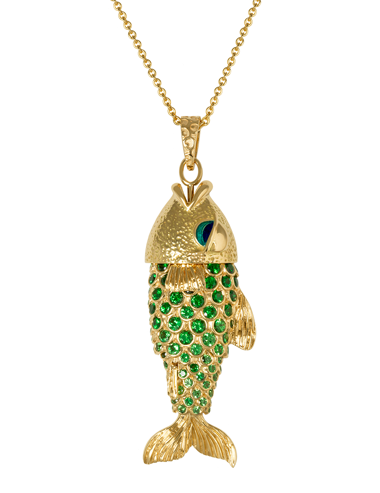 Fish necklace with enameled eyes, entirely articulated, set with Tsavorites and hand engraved.