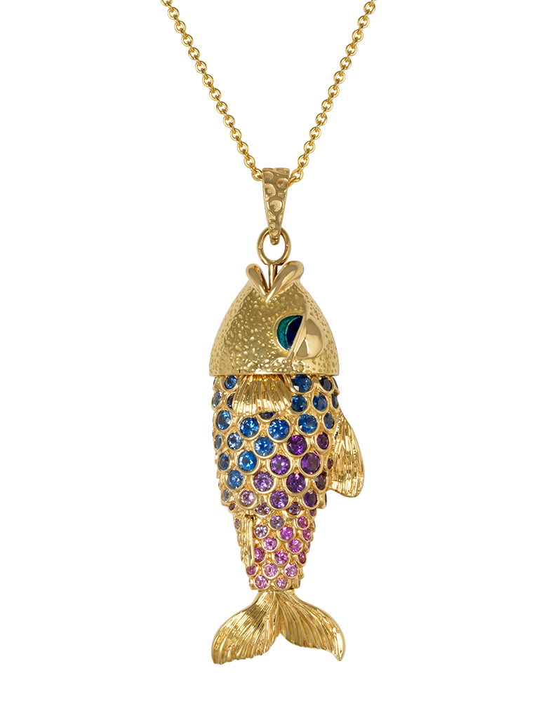 Fish necklace with enameled eyes, entirely articulated, set with Amethysts and Sapphires and hand engraved.