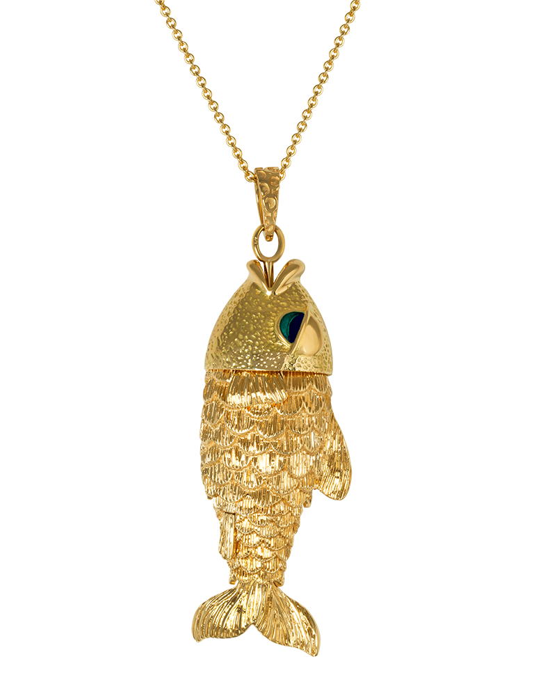 Fish necklace with enameled eyes, entirely articulated and hand engraved