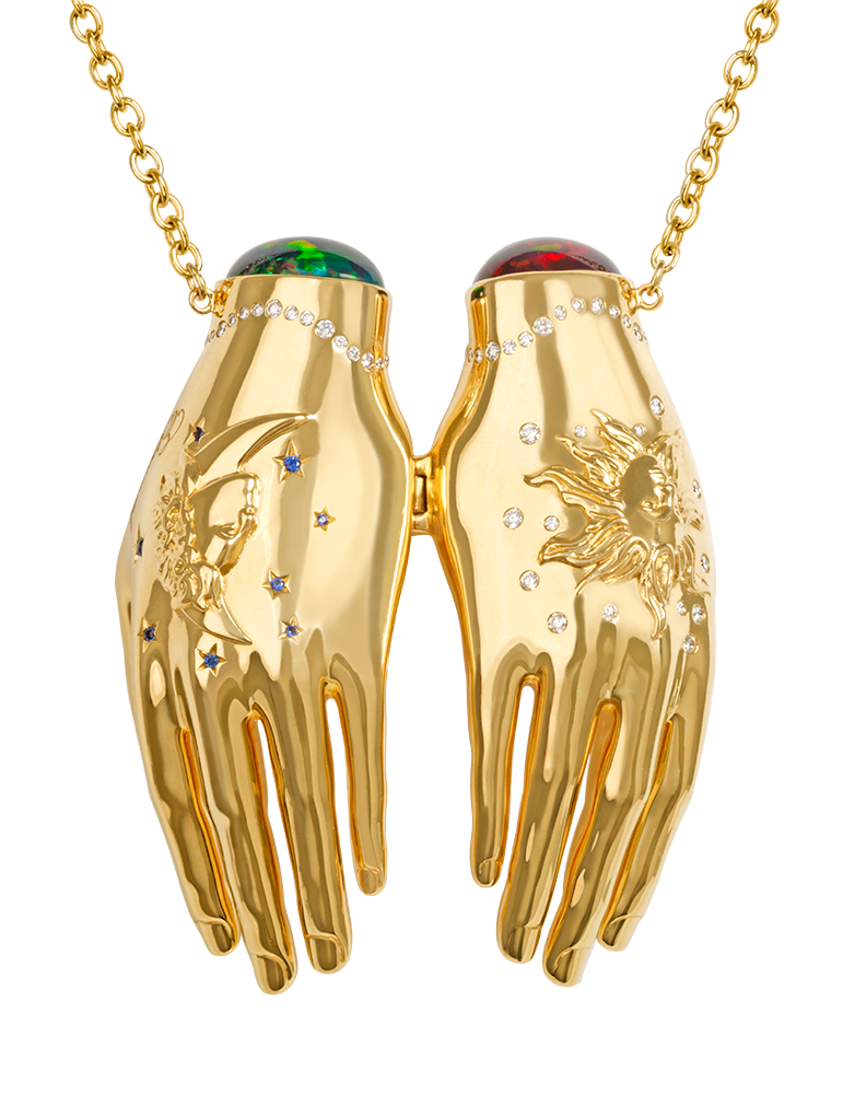 Eternal love hands necklace by Alexandra Rosier: yellow gold necklace set with opals, multicolored sapphires, tsavorites and diamonds